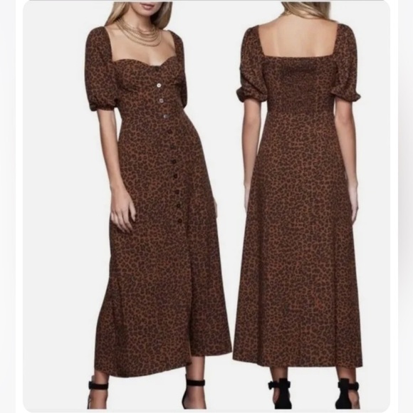 Good American Corset Puff Sleeve Midi Dress in Chai Leopard Print - Size 0/XS - Picture 1 of 10